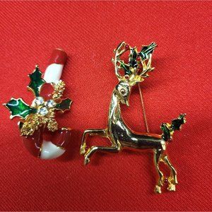 Christmas Pins/ Brooch Set of 2 Christmas Deer & Candy Cane Lapel Pins